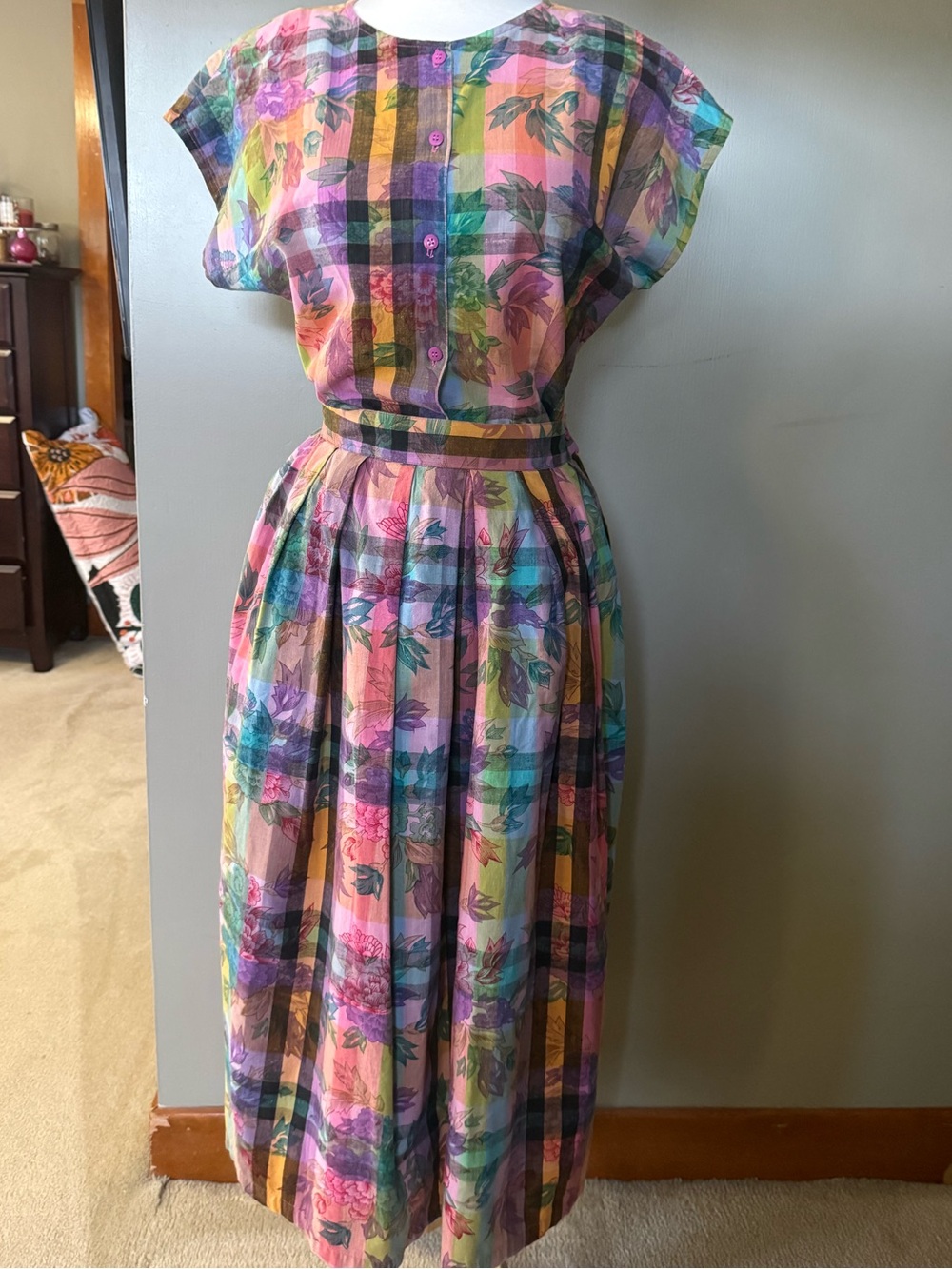 Vintage Michel 2 Piece Cotton Floral Plaid Skirt Set Pink Cottagecore 80s 90s Si